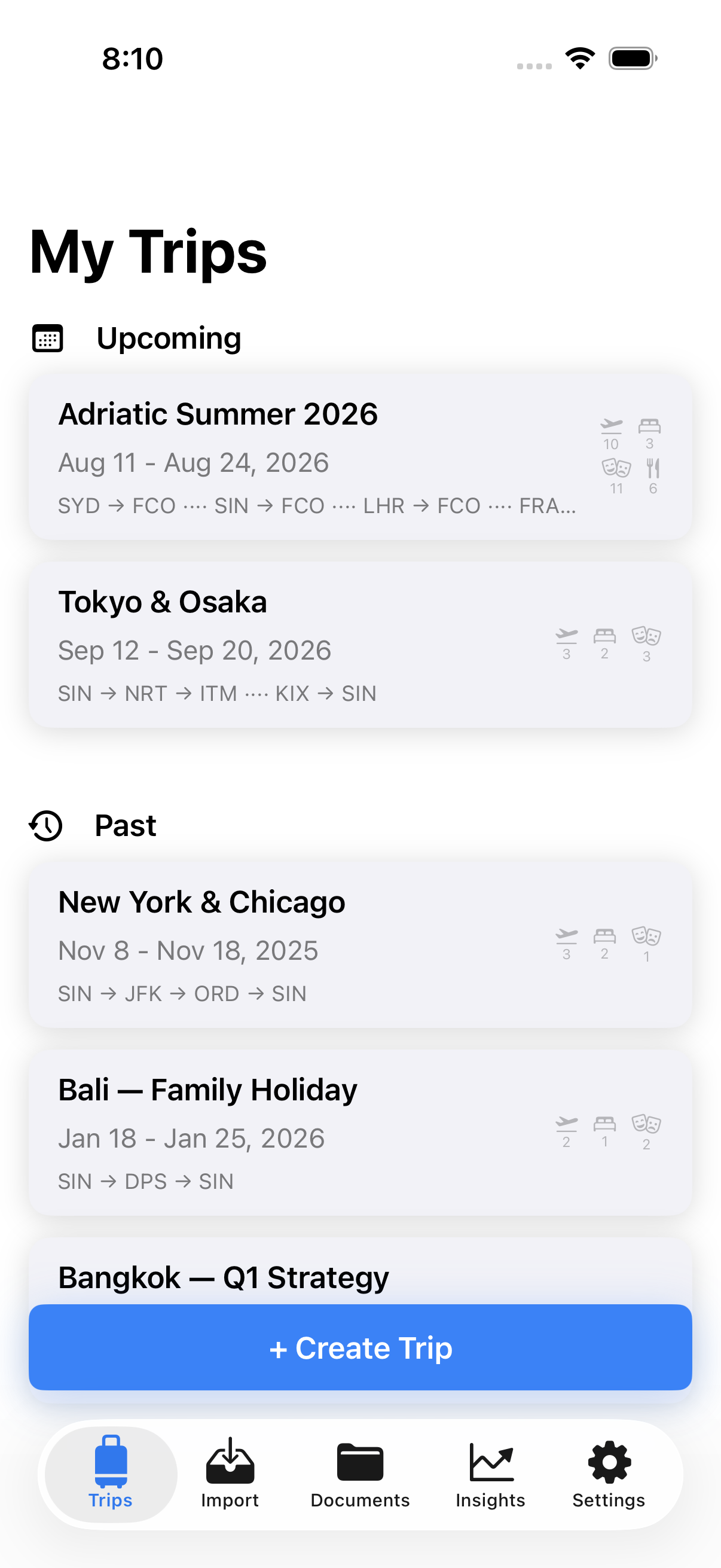Honk trip list showing holiday and work trips