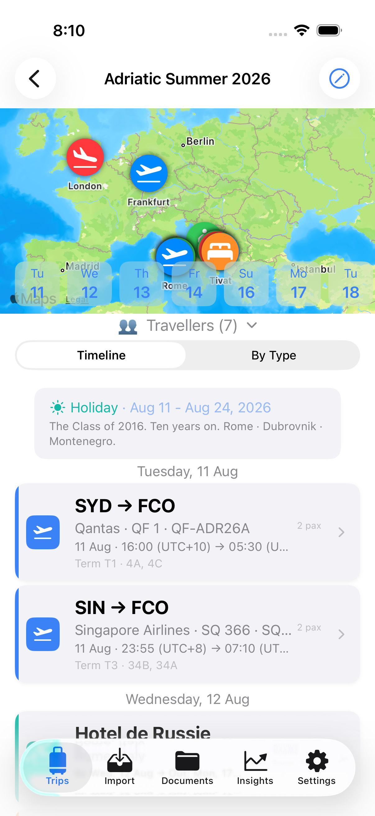 Honk trip map showing Adriatic routing — Rome, Dubrovnik, and Tivat with flight arcs