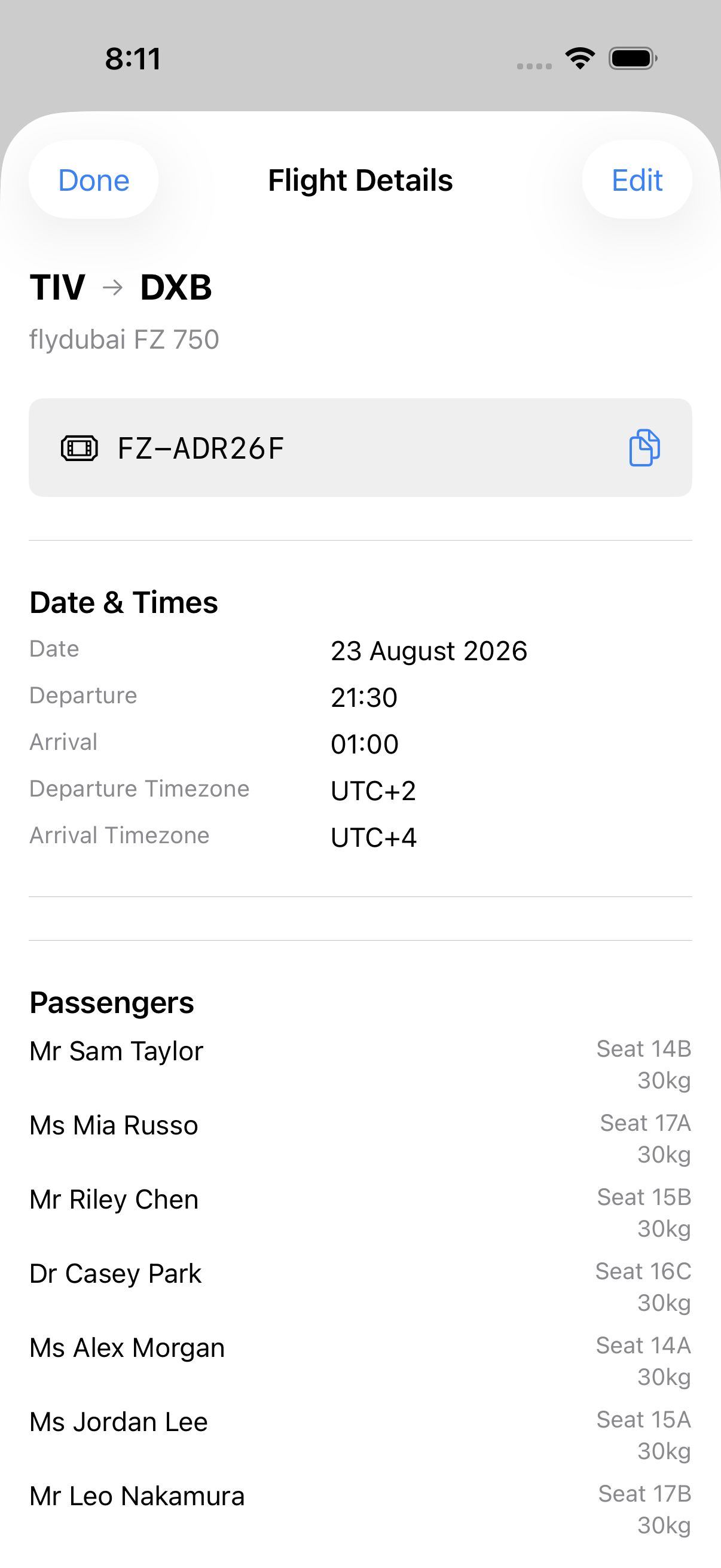 Honk flight detail showing route, times, passengers