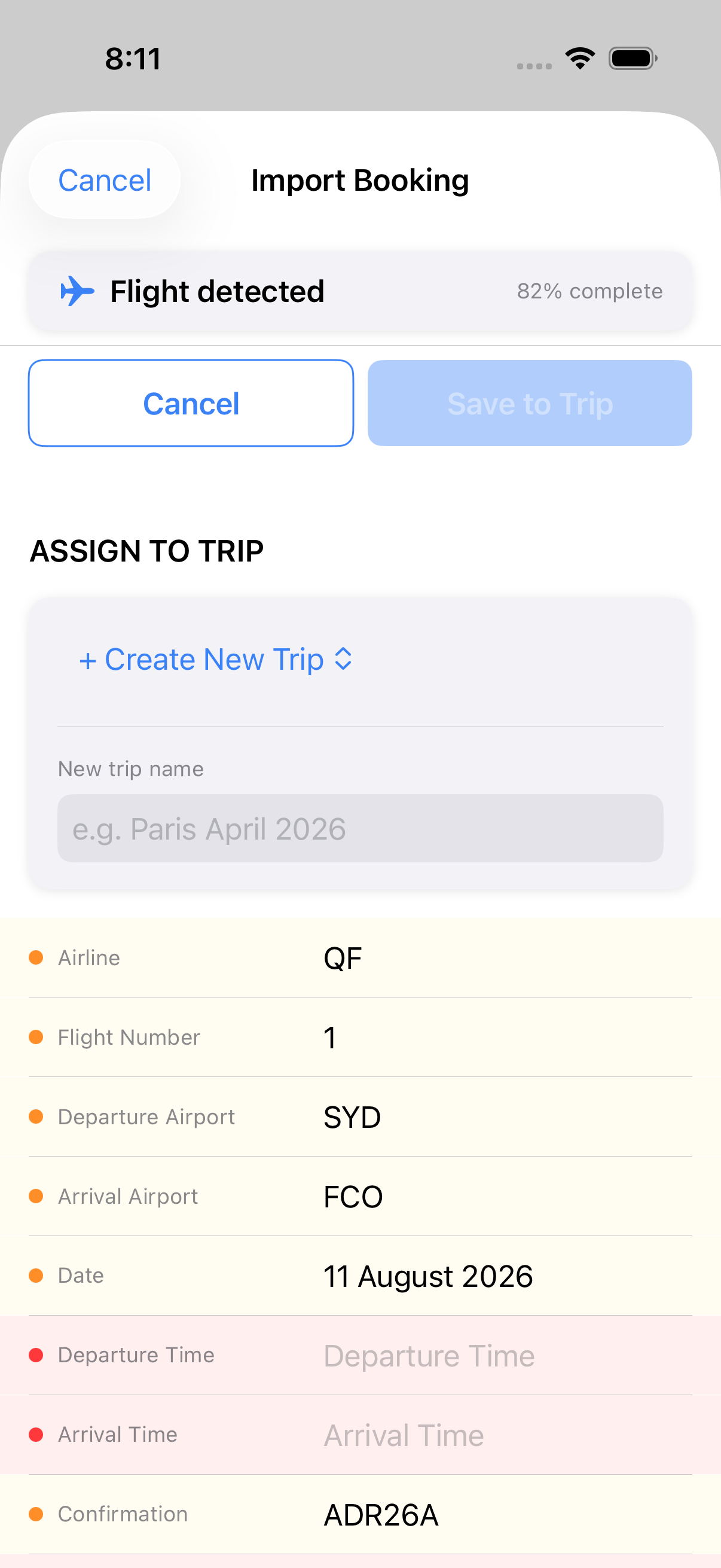 Honk import preview showing parsed flight details