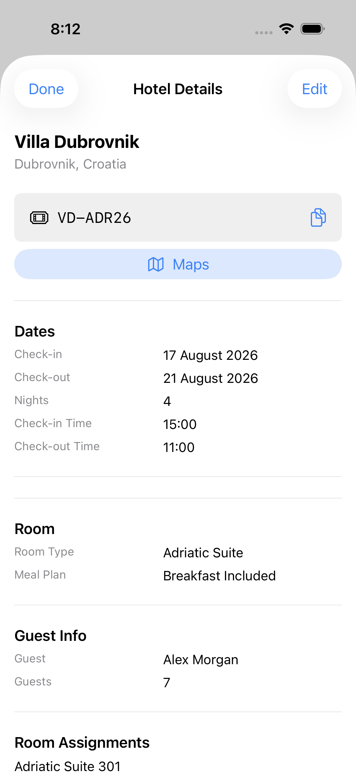 Honk hotel detail showing room assignments and check-in dates